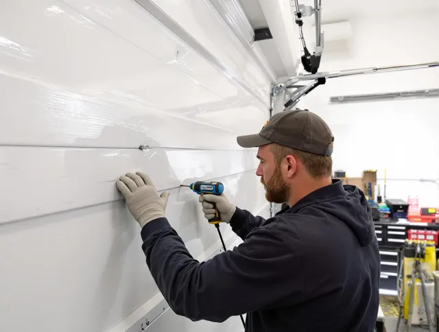 Hacienda Heights Garage Door Repair technician demonstrating precision dent removal techniques on a Hacienda Heights garage door