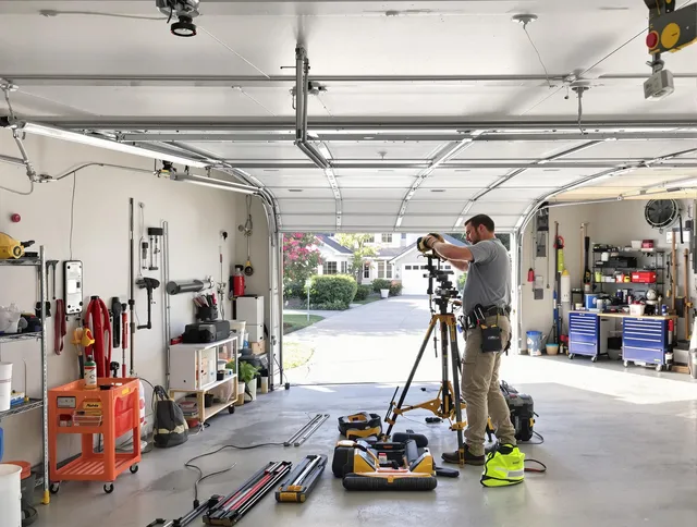 Hacienda Heights Garage Door Repair specialist performing laser-guided track alignment in Hacienda Heights